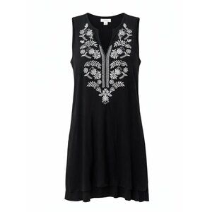 J.Jill Embroidered Tunic Tank Black White Floral Sleeveless Boho Small